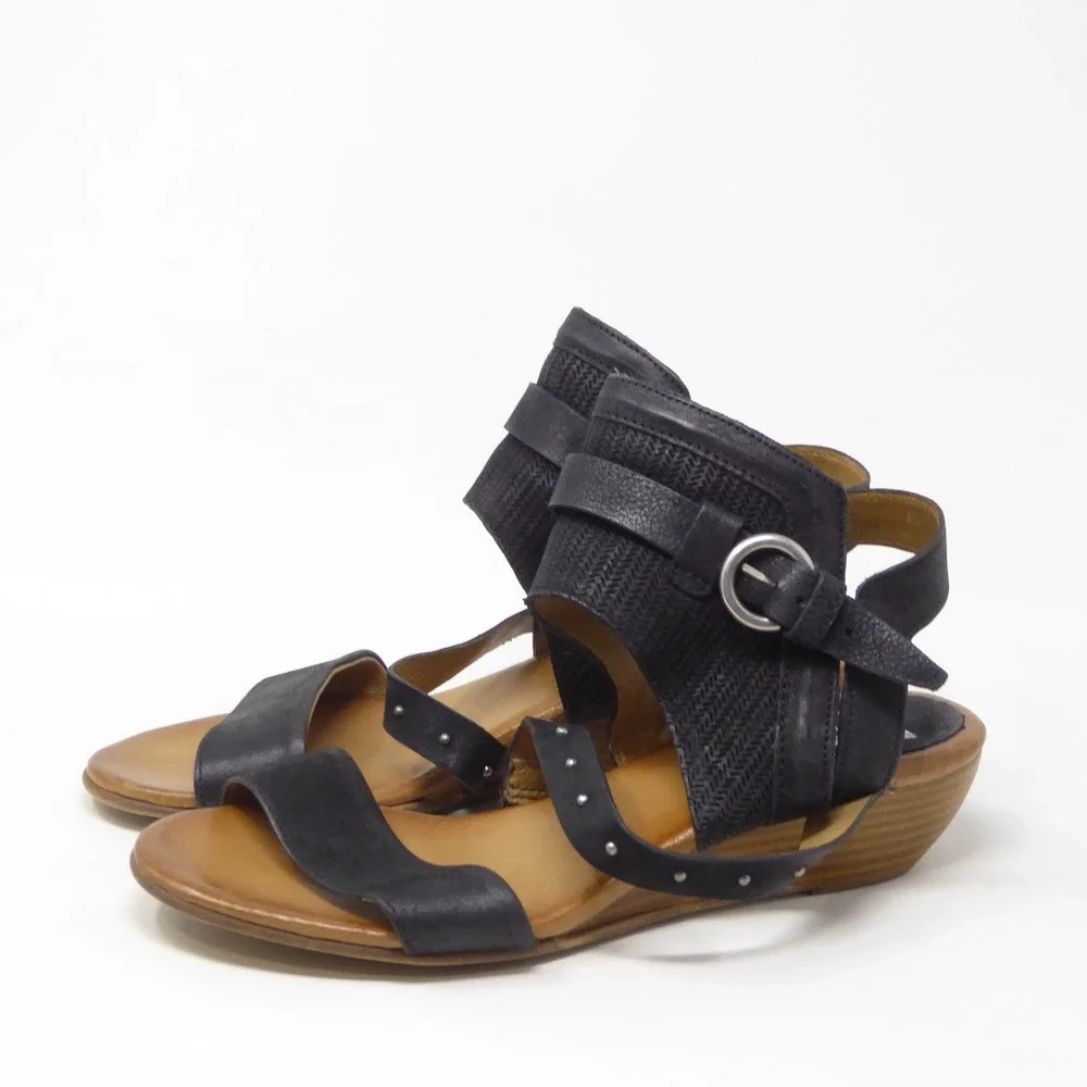 Miz Mooz Womens Farley Wedge Sandals Black Leather Studded Buckle 38 / 7.5